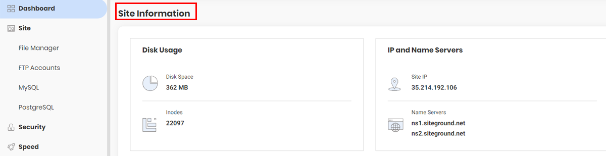 Site Information Tab in SiteGround Dashboard